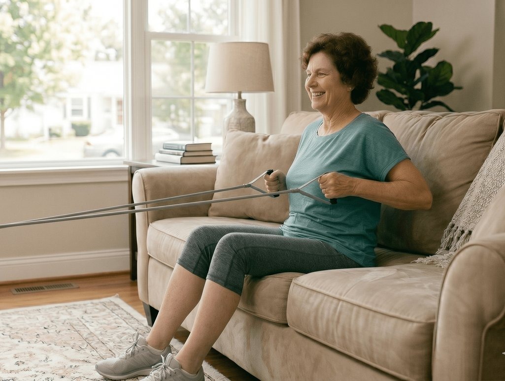 Physiotherapist guiding a woman through a seated row strength exercise during an in-home session in Kitchener-Waterloo