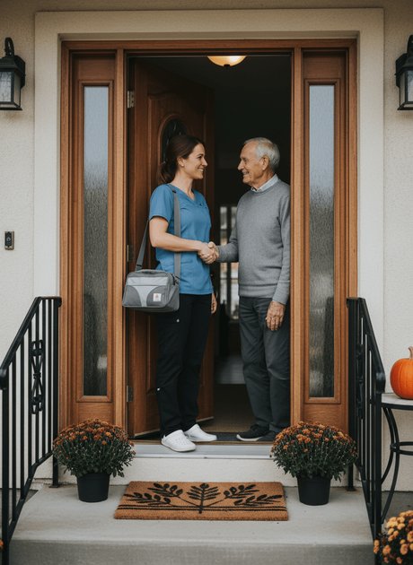 Mobile physiotherapist arriving for a first home visit, greeting an older adult at the front door
