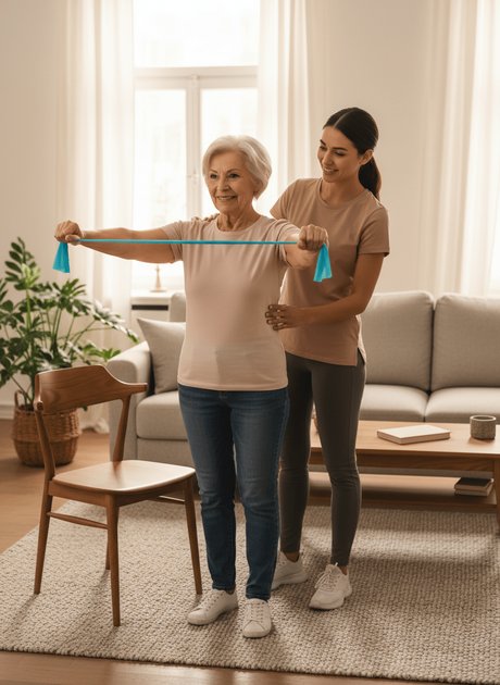 Older adult doing resistance-band exercises at home with physiotherapist support during a follow-up visit